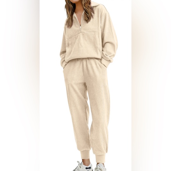 Beige 2 Piece Sweatsuit- Long Sleeve Half Zip Pullover Lounge Suit - Picture 2 of 4